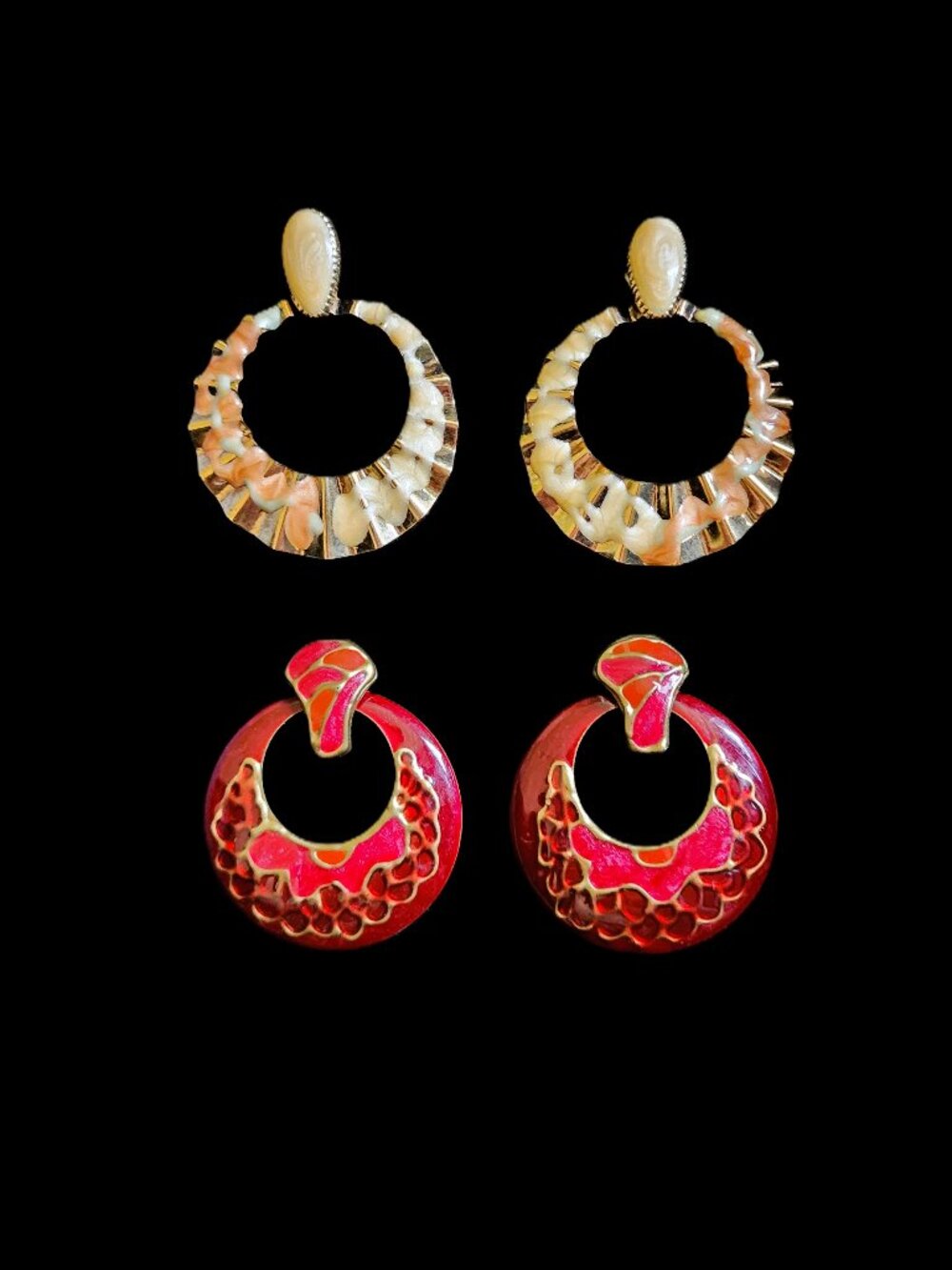 VTG 1980s Statement Earring Lot | Bold Magenta Enamel & Cream Marbled Drop